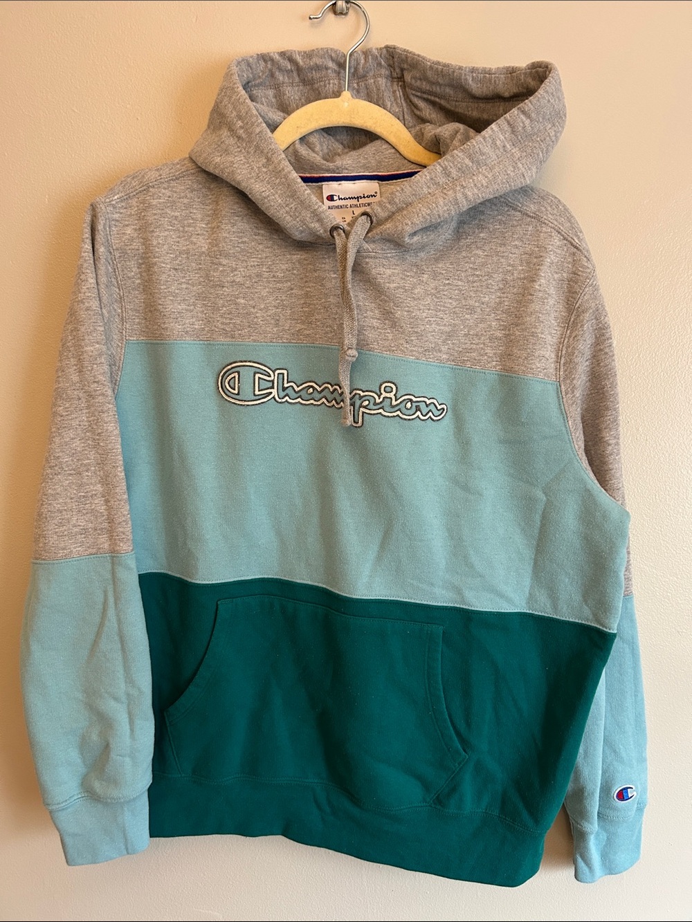 Champion Colorblock Pullover Hoodie in Gray, Teal & Forest Green - VTG L